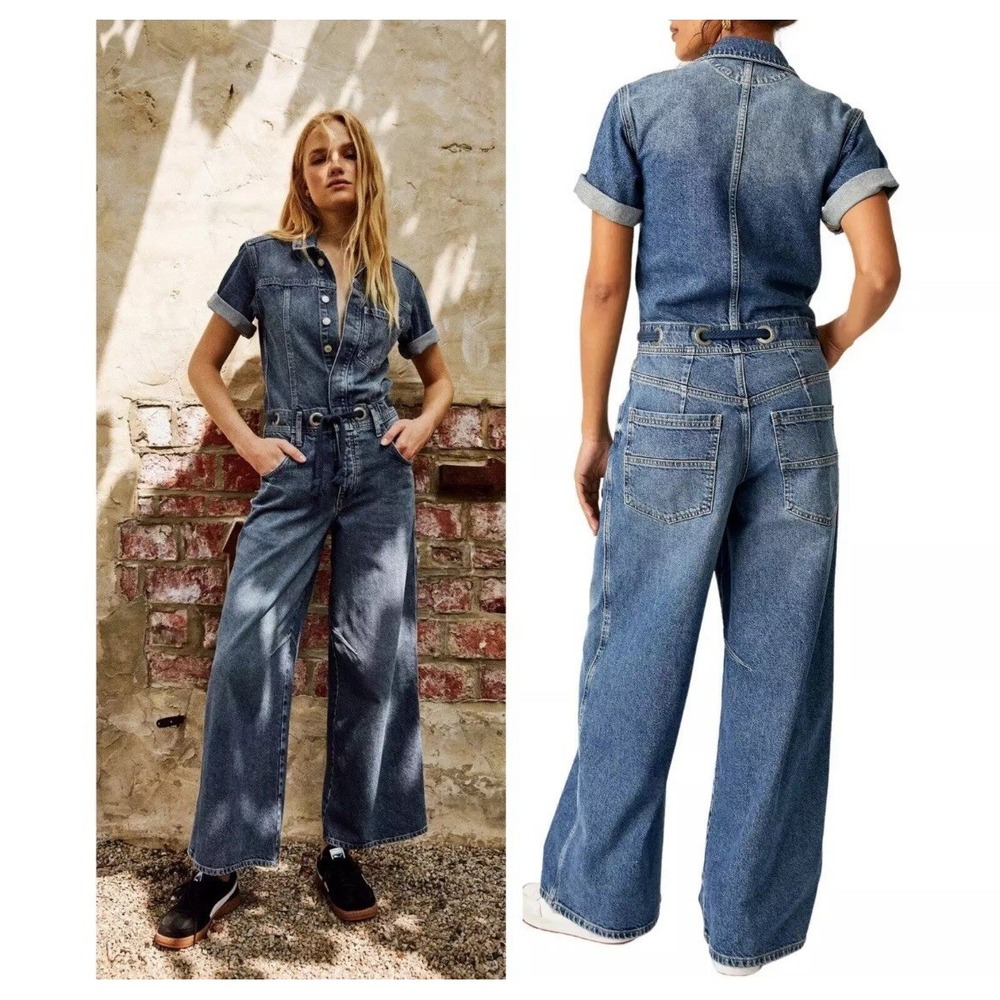 Free People Blue Denim Wide Leg Jumpsuit